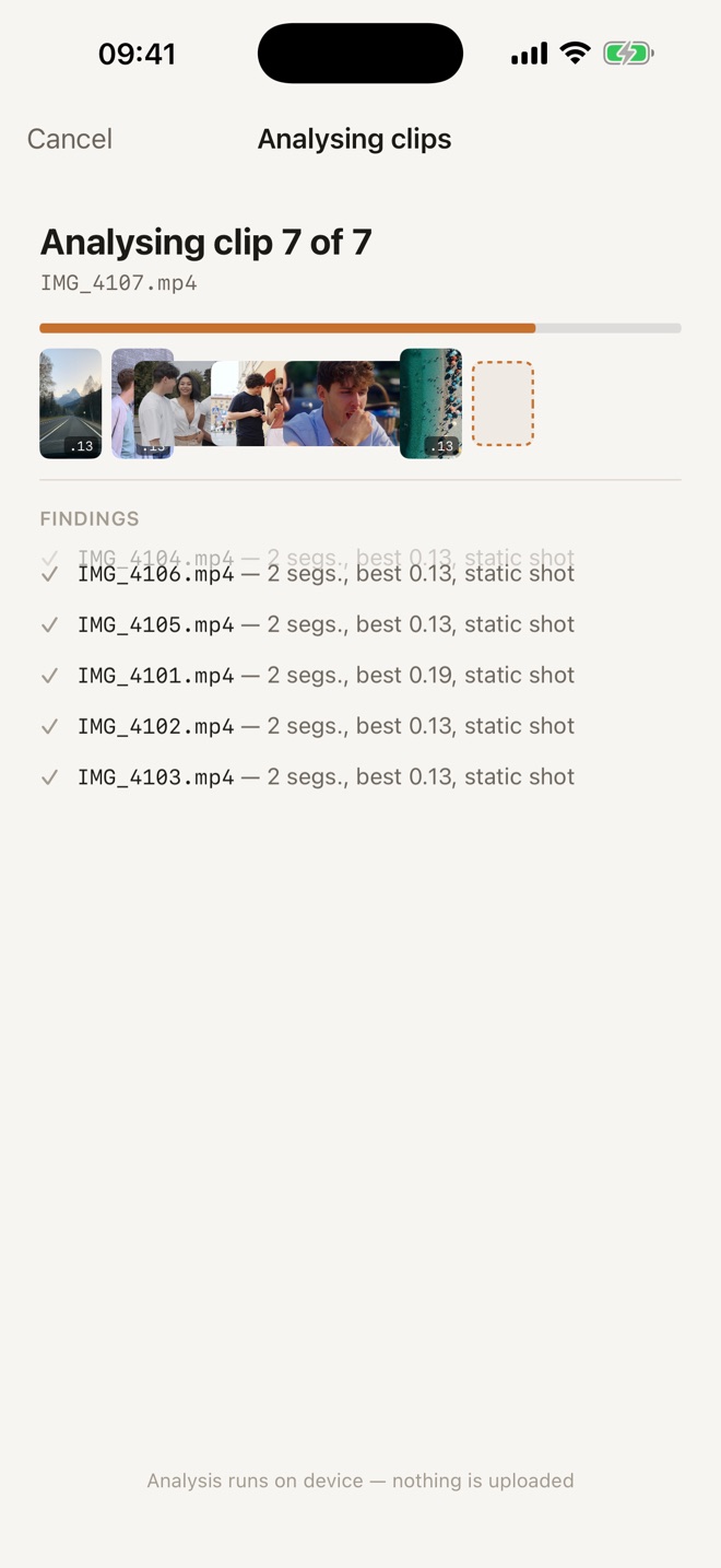Analysis screen listing findings for each clip
